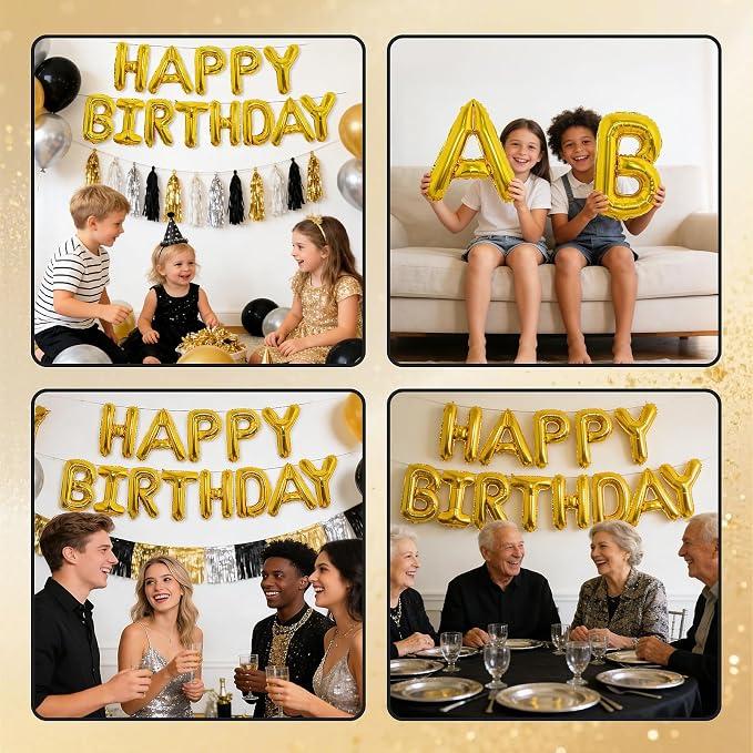 Gold Happy Birthday Balloon Banner, Foil Letter Balloons Party Decoration Sign - Image 6