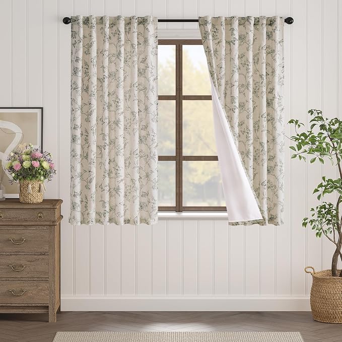 Grey Floral Linen Lined Curtains Rod Pocket 50W X 63L 2 Panels | Charlotte - Image 2