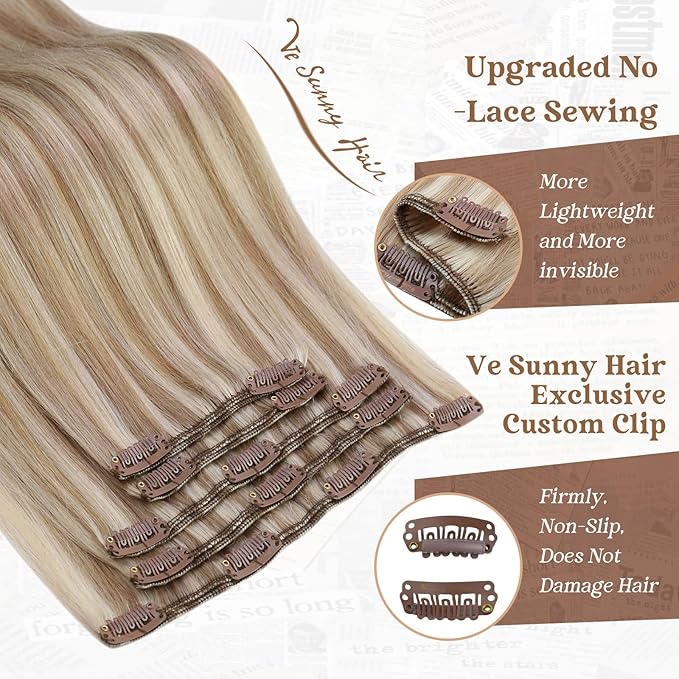 Ve Sunny Clip in Hair Extensions Real Human Hair Highlights Human Hair Clip in Extensions Dark Ash Blonde Highlights Light Blonde Human Hair Extensions Clip ins for Women Quick-Apply 5pcs 12inch 80g