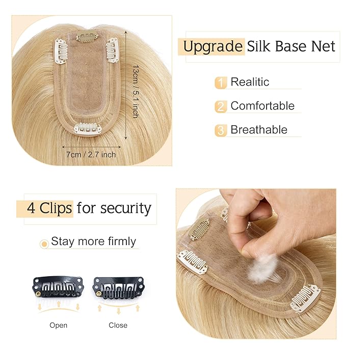 SEGO Human Hair Toppers for Women With Thinning Hair, 7 * 13CM Silk Base 100% Real Human Hair Clip in Top Wiglet Hairpieces /12 Inch No Bangs Ash Blonde&Bleach Blonde