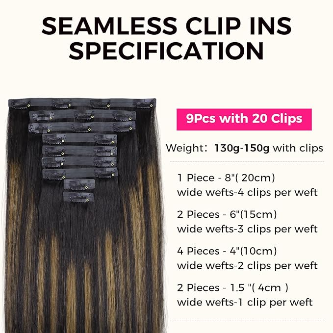 Lashey Seamless Clip in Hair Extensions Human Hair 130g 9pcs Straight Natural Black Mixed Chestnut Brown 16 Inch Hair Extensions with PU Soft Invisi Edge for Women
