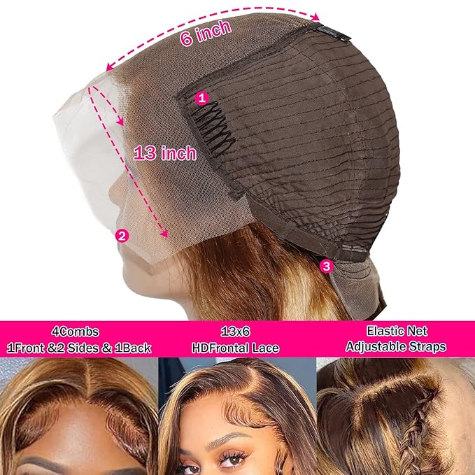 34 Inch Highlight Ombre Lace Front Wig Human Hair 13x6 HD Lace Body Wave Frontal Wigs Human Hair 180% Density P4/27 Colored Lace Front Glueless Wigs Human Hair for Black Women