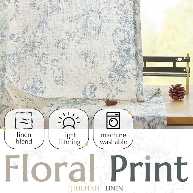 jinchan Blue Floral Linen Curtains 96 Inch Farmhouse Back Tab 2 Panels | Light - Image 4