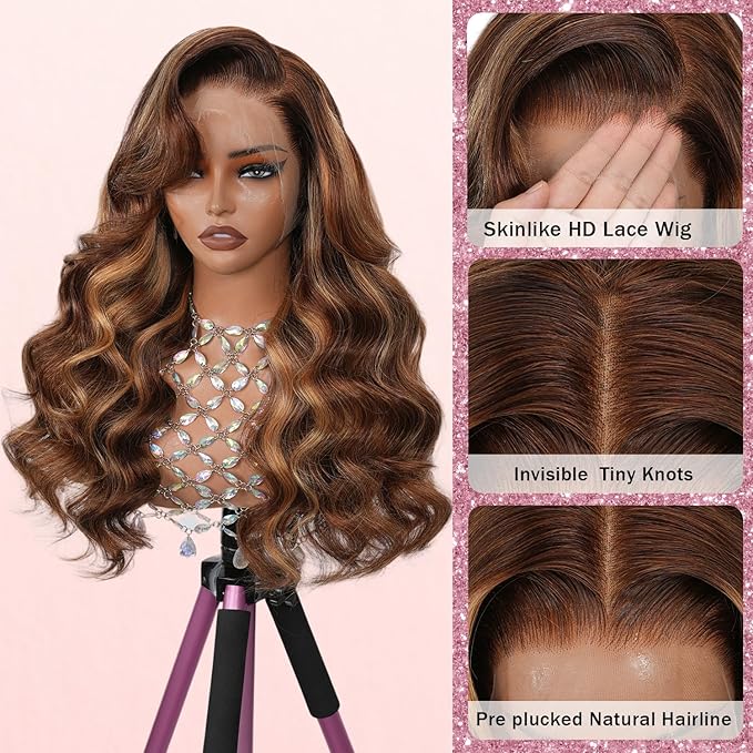 34 Inch Highlight Ombre Lace Front Wig 13x4 Full Frontal Lace Wig Skinlike HD Lace Wig Body Wave lace front Wigs for Women 15A Pre Plucked with Baby Hair 4/27 honey blonde 200% Density