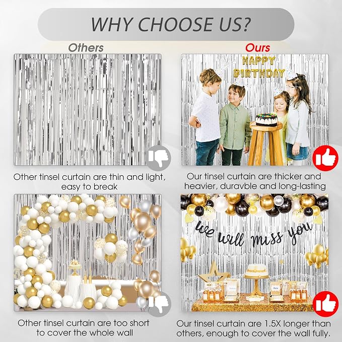 TenLaitech 3 Pack 3.3 x 9.9 ft Silver Foil Fringe Backdrop Curtain, Streamer - Image 3