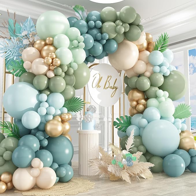 412Pcs Dusty Blue Green Balloon Garland Arch Kit, Haze Fog Blue Ash Mist Sage by PAXILE