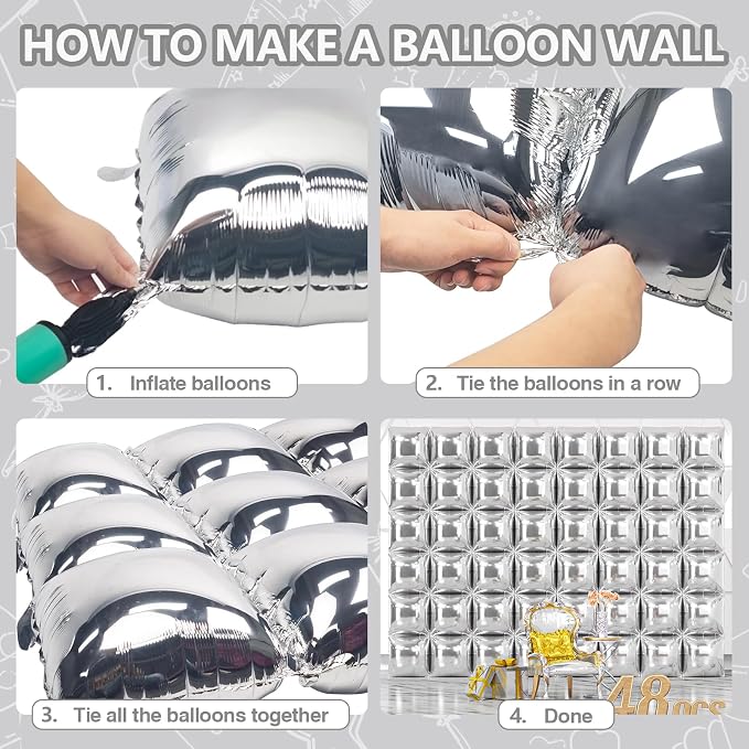 NISOCY 48PCS Metallic Silver Square Foil Balloons Wall Backdrop | Double Sided - Image 4