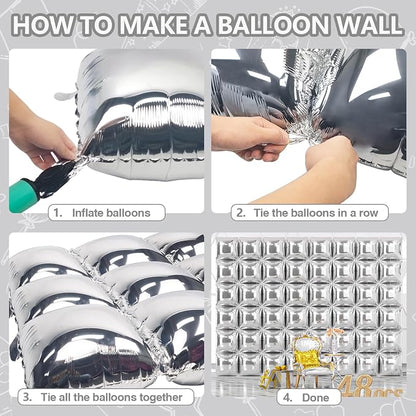 NISOCY 48PCS Metallic Silver Square Foil Balloons Wall Backdrop | Double Sided - Image 4
