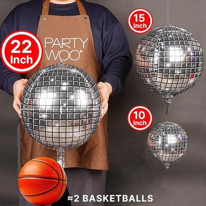 PartyWoo Silver Disco Ball Large Giant Foil Balloons 20pcs Different Sizes | 22 - Image 2