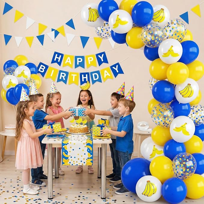 Blue and Yellow Balloons, 12 Inch Banana Print Blue Yellow Gold Confetti Balloon - Image 6