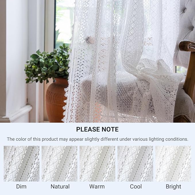 WAZZIO Boho Lace Curtains 84 Inches 2 Panel, Light Filtering Privacy Tassel & - Image 6