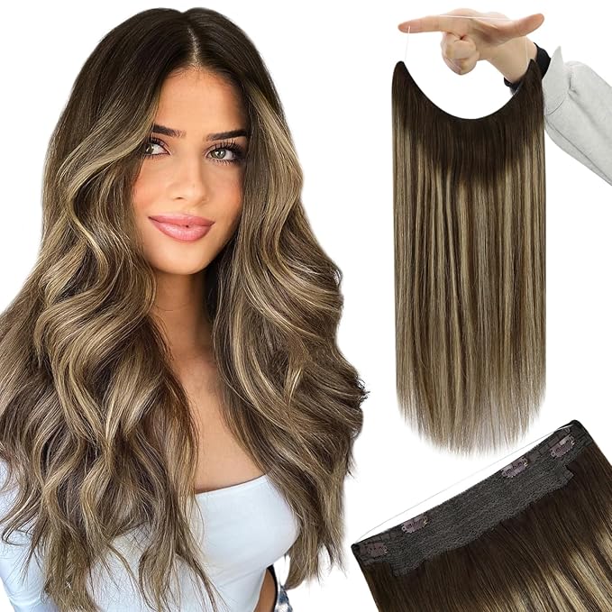 YoungSee Wire Human Hair Extensions Balayage Hair Extensions Wire Brown Fish Line Hair Extension Real Human Hair Balayage Chocolate Brown Mix Caramel Blonde Long Straight Hair 20In 100G