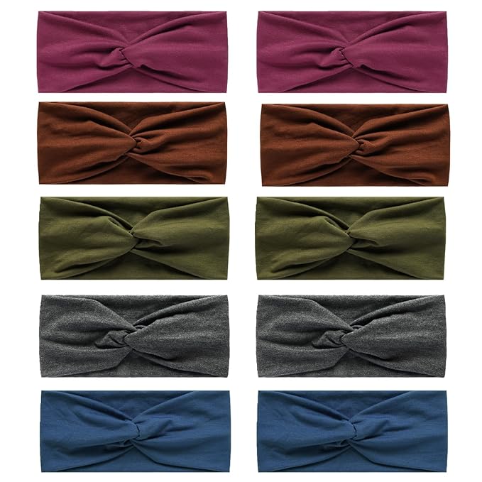 10 Pcs Wide Absorbent Sport Headbands for Women, Non-slip, Stretchy, Soft Cotton Twist Knotted Hair Bands for Daily Workout Yoga Running Sports, BC