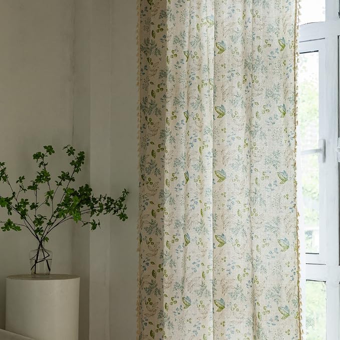 ENJOYBRIDAL Leaf Curtains 63 Inch Length 2 Panels Tassel Boho Semi Sheer Drapes - Image 4