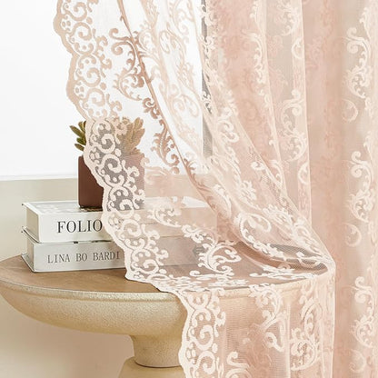 Blush Pink Lace Curtains 72 Inches Long 2 Panels Vintage French Floral Sheer by FOLKSIDEHomeDecoration