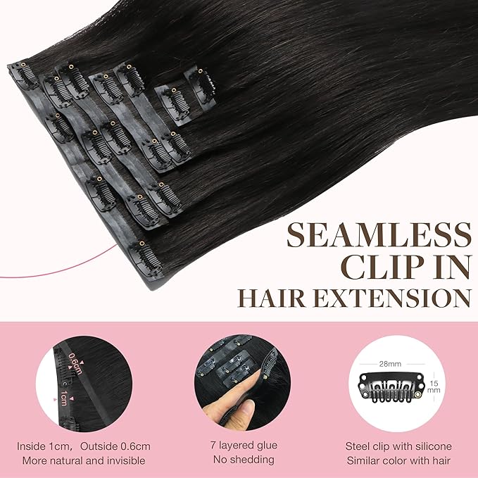 GOO GOO Clip in Hair Extensions Real Human Hair, Remy Human Hair Extensions Clip ins for Women, Natural Human Hair, 20inch 110g 7Pcs, 1B Natural black