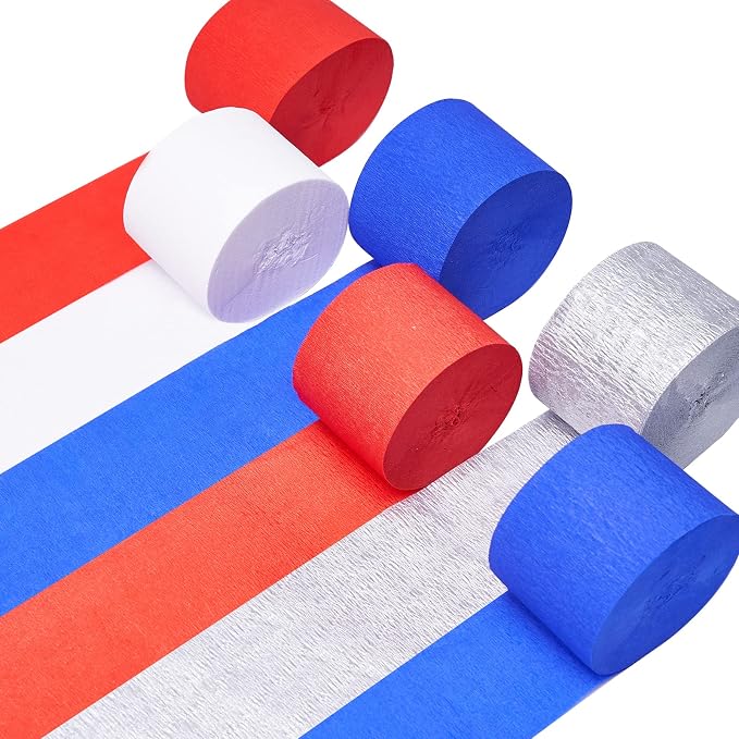 PartyWoo Red White and Blue Silver Crepe Paper Streamers 6pcs 492 FT | by PartyWoo