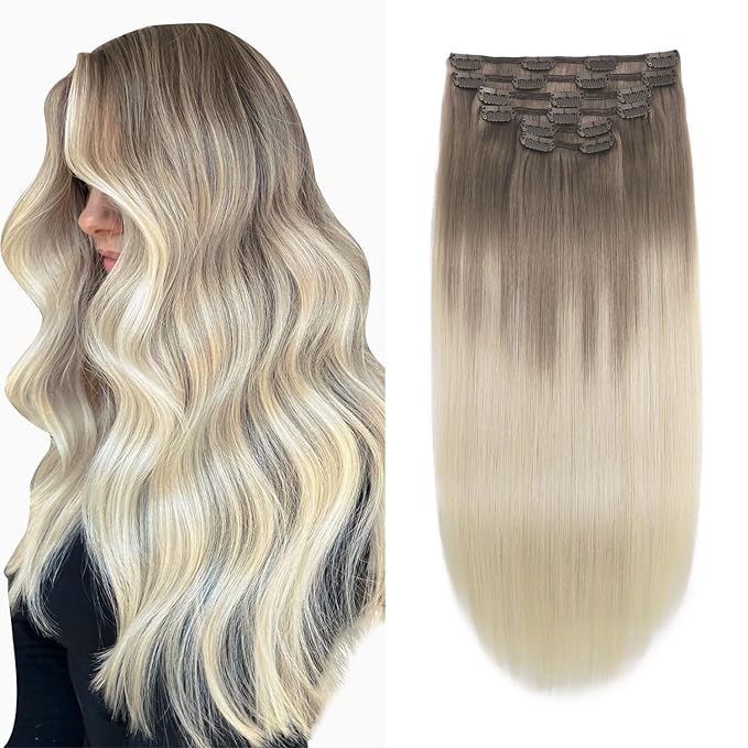 XDhair Clip in Hair Extensions Human Hair 120g18 Inch Balayage Ombre Ash Brown to Platinum Blonde Double Weft Clip in Hair Extensions 6pcs for Women(18, #8T60)