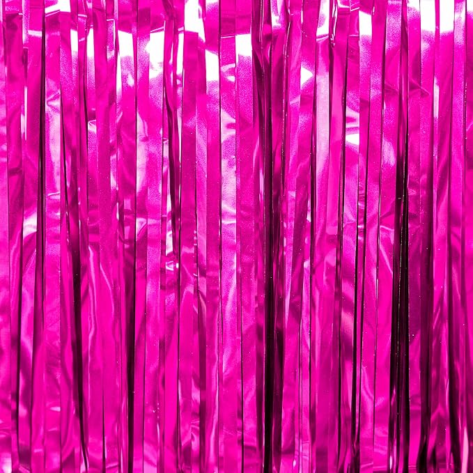 PartyWoo Hot Pink Foil Fringe Curtain 8.2FT 3pcs Red Rose Tinsel Streamers | - Image 2