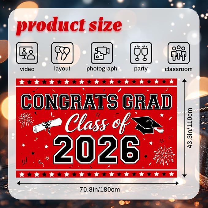 Red Graduation Banner Class of 2026-72" x 44" Congrats Grad Backdrop Decorations - Image 3