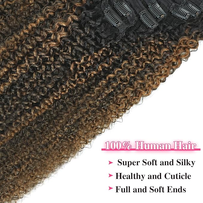 3c 4a Curly Clip in Hair Extensions T1BP1B/30 Omber Kinky Curly Clip ins For Women Brazilian Virgin Clip on Hair (22inch,T1BP1B/30)