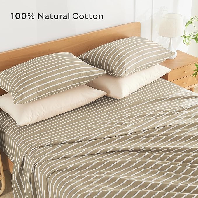JELLYMONI 100% Natural Cotton Striped Queen Pillowcases Set, 2 Pack Khaki and White Stripes Pattern Printed Pillow Covers with Envelope Closure(Pillows are not Included)