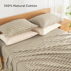 JELLYMONI 100% Natural Cotton Striped King Pillowcases Set, 2 Pack Khaki and White Stripes Pattern Printed Pillow Covers with Envelope Closure(Pillows are not Included)
