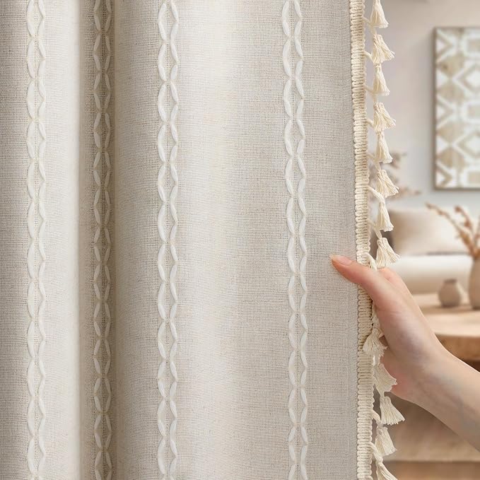 80% Boho Blackout Curtains 84 Inch Linen Blend Drapes 2 Panels | Vintage by Unknown