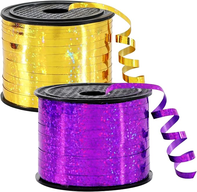 BEISHIDA 2 Pack 100 Yards Purple Gold Curling Crimped Glitter Ribbon Balloon by Beishida