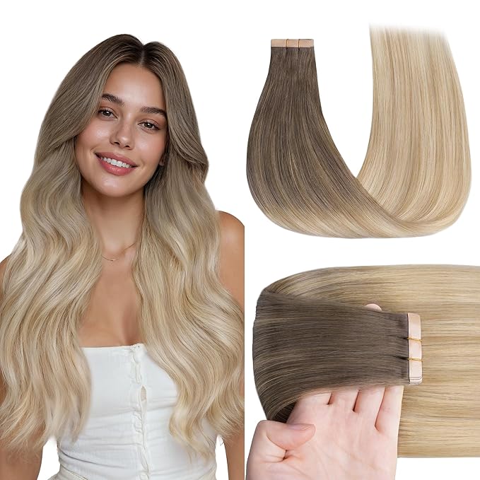 GOO GOO Tape in Hair Extensions Human Hair, 9/18J/60 Chocolate Brown to Champagne Blonde Balayage, 22inch 50g 20pcs, Skin Weft Seamless Invisible, Silky Straight with Thick Ends, Remy Human Hair