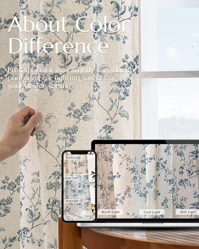 jinchan Blue Floral Linen Curtains 63 Inch French Country Back Tab 2 Panels | - Image 7