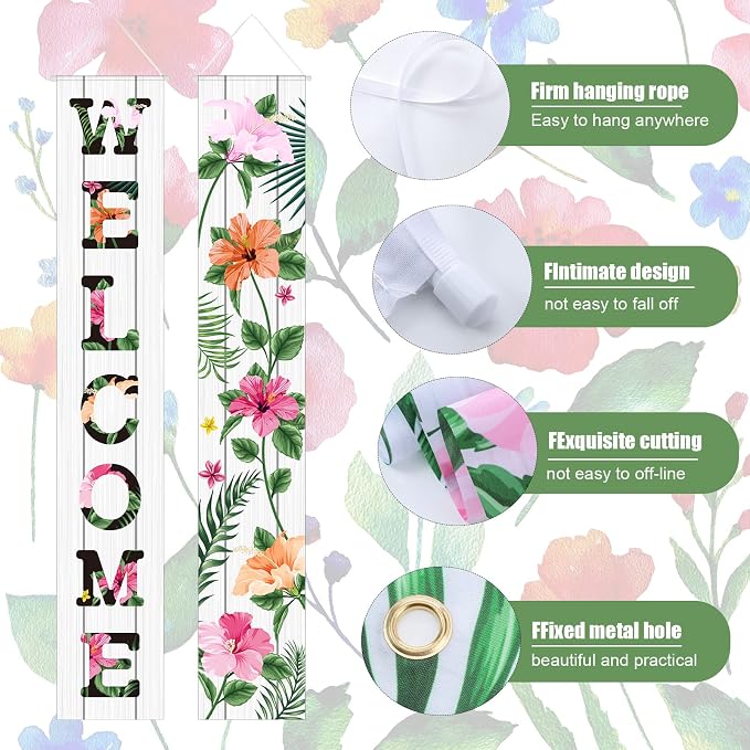 Frienda 2 Pcs Spring Welcome Floral Porch Banners 72"x12" Summer Flower Hanging - Image 3