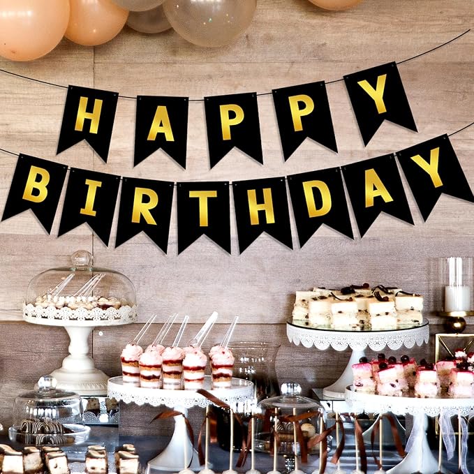 Hooqict Happy Birthday Banner Black and Gold Birthday Decorations - Image 4