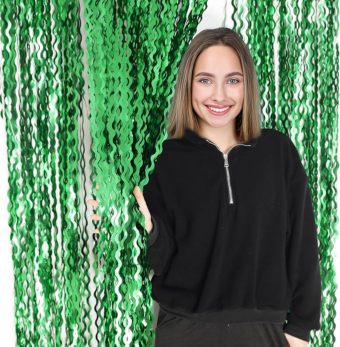 4Pcs Wavy Green Fringe Backdrop -3.3x6.6ft Green Streamer Foil Curtains - Image 5