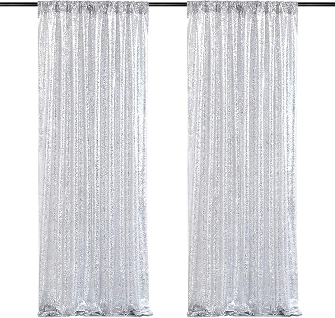 Silver Sequin Backdrop Curtains-2 Panels 2FTx8FT Silver Backdrop by SoarDream