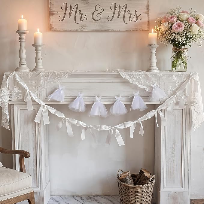 2Pcs Bridal Shower Banner Wedding Dress & Pre-Assembly White Ribbon Bow Garland by Eanjia
