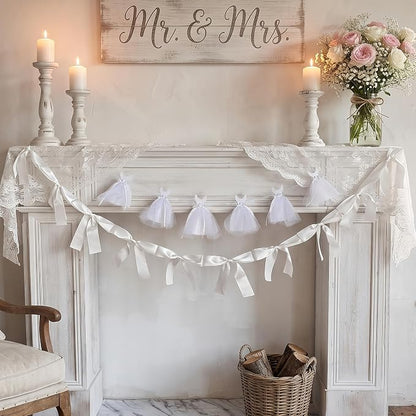 2Pcs Bridal Shower Banner Wedding Dress & Pre-Assembly White Ribbon Bow Garland by Eanjia
