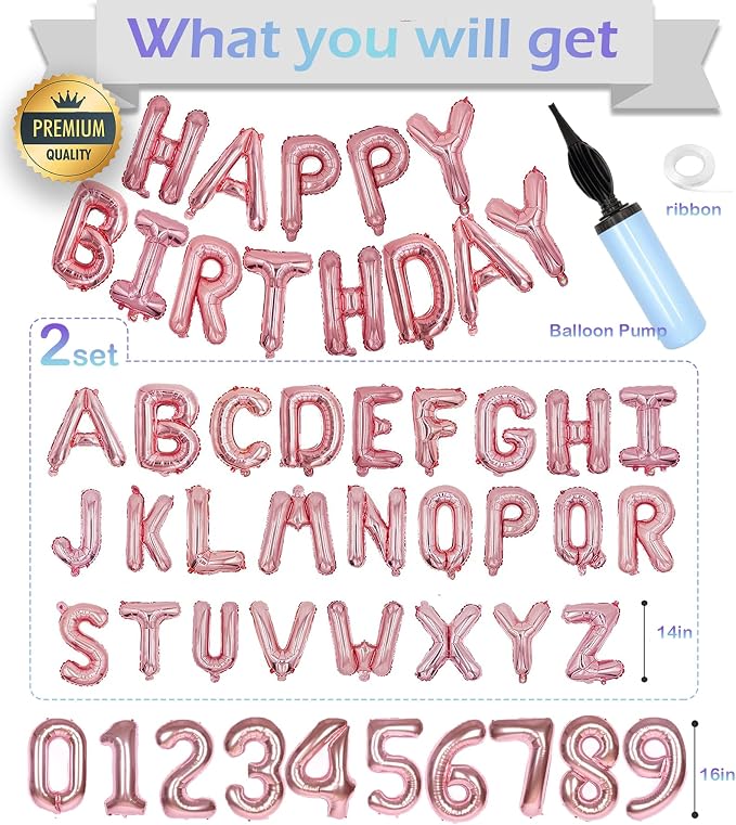 Rose Gold Happy Birthday Balloon Banner Set -16" Foil Letters Balloons | 76pcs - Image 2