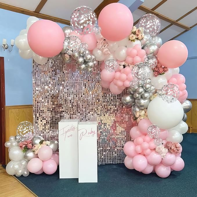 Pink and Silver Balloons, Pastel Pink White Balloon Metallic Silver White - Image 3