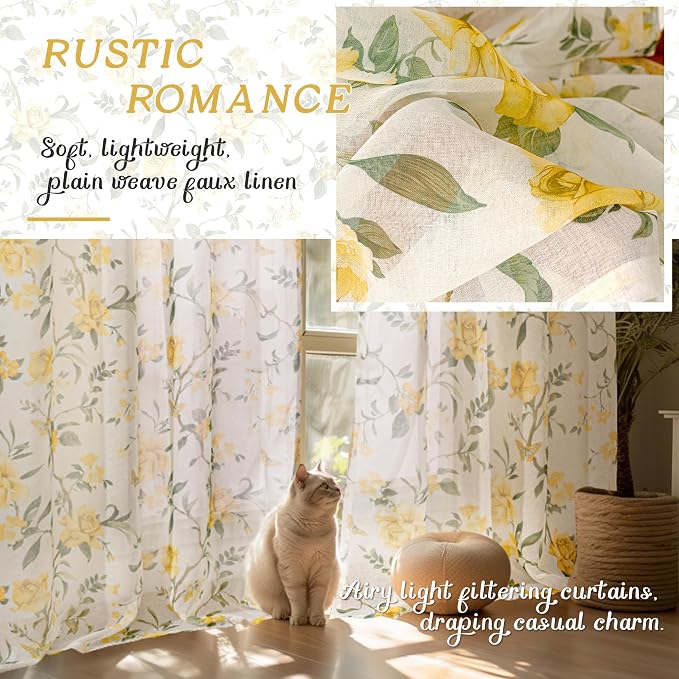 Sheer Curtains 54 Inch Length 2 Panels Set, Floral Patterned Linen Look - Image 4
