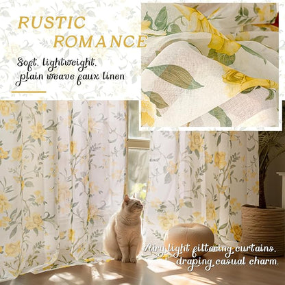Sheer Curtains 54 Inch Length 2 Panels Set, Floral Patterned Linen Look - Image 4