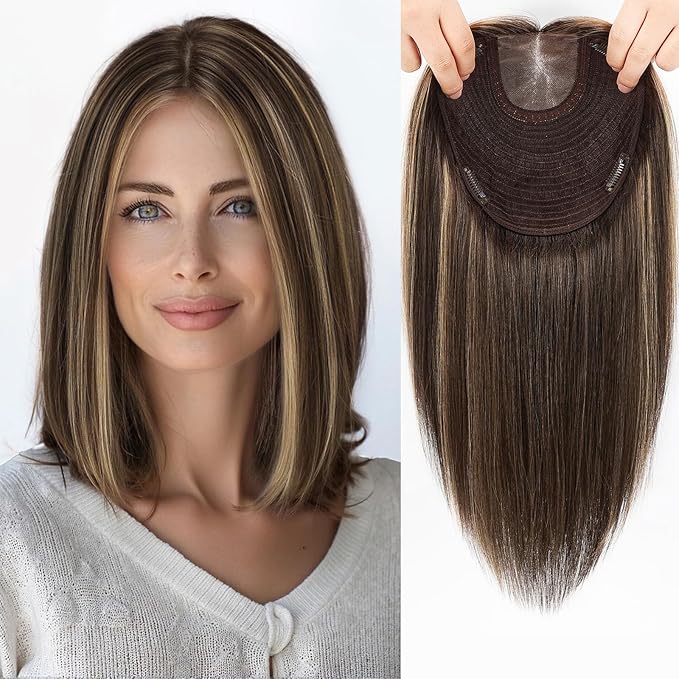 MONO TOP Hair Toppers for Women Human Hair 12 Inch 7"×8" Big Base Partial wig Cover Thinning Hair or Loss No Bangs Top Hair Pieces Natural Wiglets (Dark Brown Highlights)