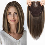 MONO TOP Hair Toppers for Women Human Hair 12 Inch 7"×8" Big Base Partial wig Cover Thinning Hair or Loss No Bangs Top Hair Pieces Natural Wiglets (Dark Brown Highlights)