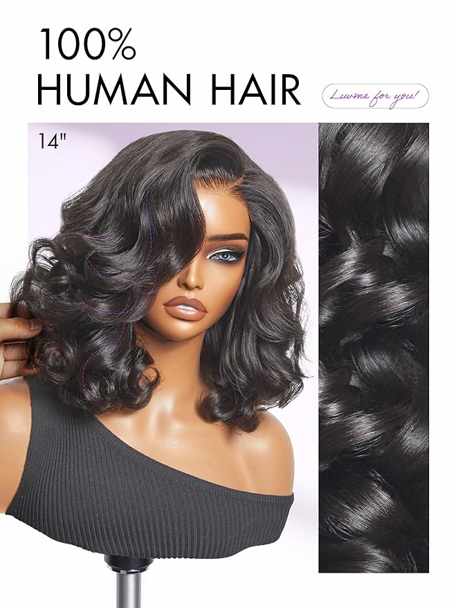 LUVME HAIR 100% Human Hair Wigs Loose Wave Glueless Lace Front 14 Inches, Pre Cut Plucked Hd Lace Short Wig Ready To Go Natural Color Straight Bleached Knots Side Part Black Wigs