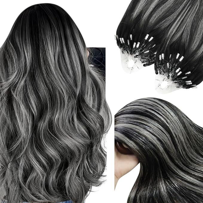 YoungSee Micro Bead Hair Extensions Real Human Hair Ombre Microlink Hair Extensions Human Hair Balayage Black with Silver Micro Loop Hair Extension 14 Inch 50g 50s Microbead Extension for Short Hair