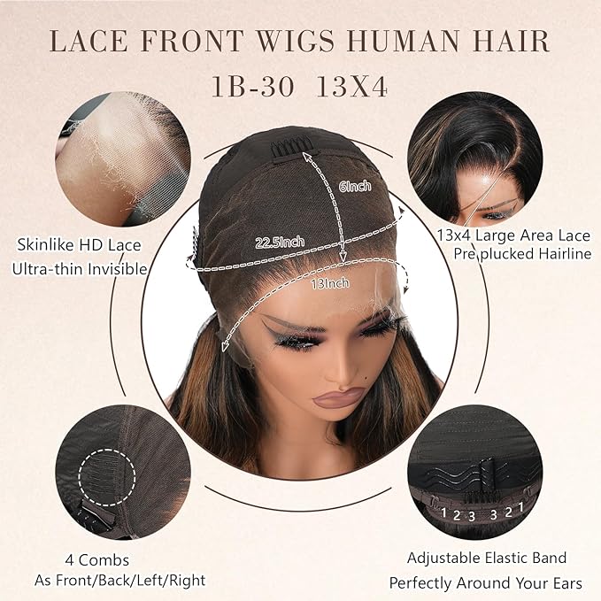 Body Wave 13x4 Full Frontal Lace Wig Skinlike HD Lace 0.10mm Ultra-thin Invisible 1B/30 Highlight Ombre Brown Colored Pre-plucked Tiny Knots Balayage Lace Front Wig 200% Density 20 Inch for Women
