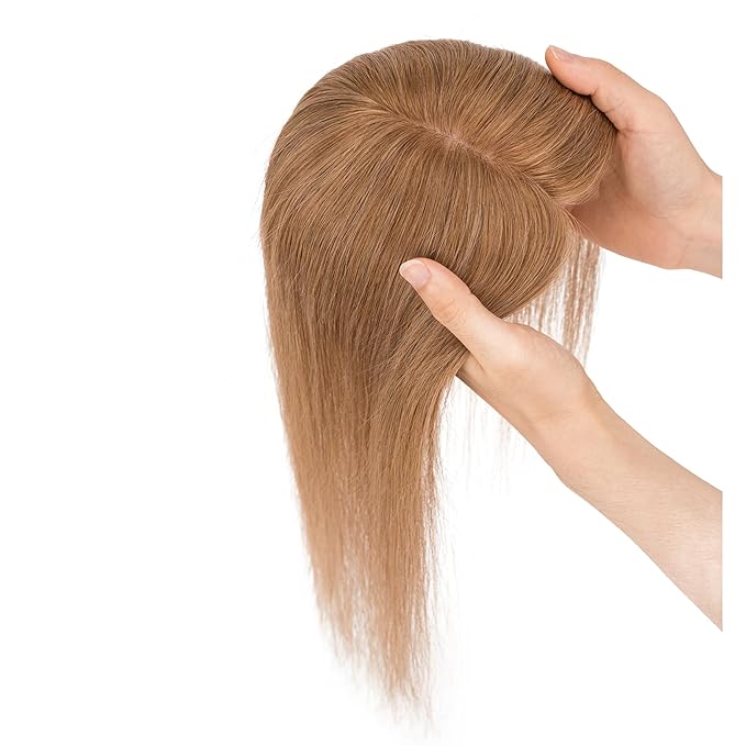 Hairro Human Hair Toppers Free Parted, 3.5x4.7" Base Hand-wovened 100% Real Hairpieces, with Invisible Clips-in for Women, for High Hairline/Adding Volume on Top, 10 Inch Blondish Brown