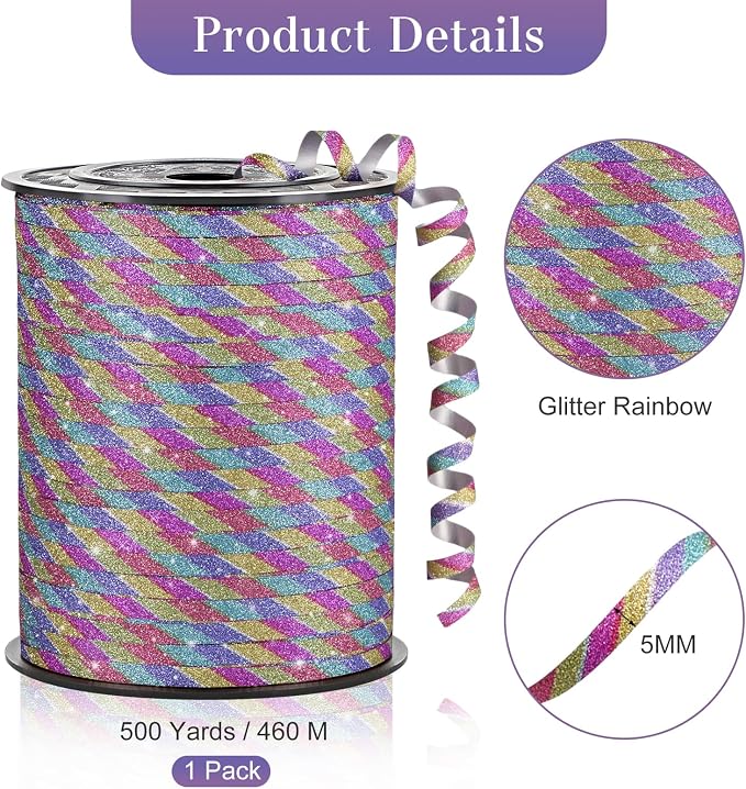Rainbow Curling Ribbon, 500 Yards, 1/5 Inch | Glitter, - Image 2