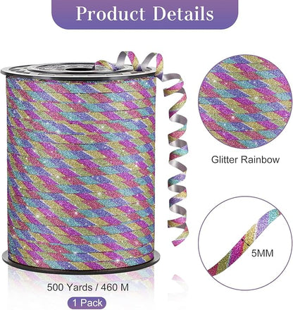 Rainbow Curling Ribbon, 500 Yards, 1/5 Inch | Glitter, - Image 2