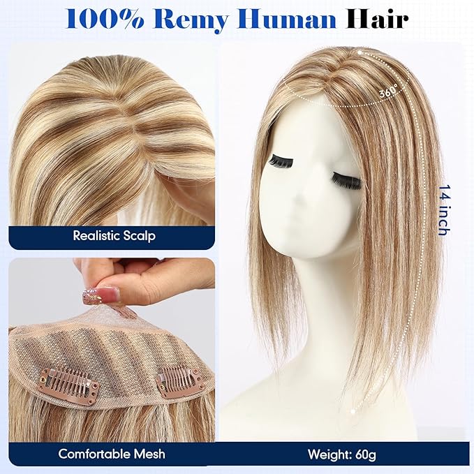 HAIRCUBE Hair Toppers For Women With Thinning 5"*5" Large Base Real Hair Toppers For Women, 14 Inch For Hand-Woven, 60g, Silk, Natural, Realistic, Use Daily, Hairloss,Brown Mixed Blonde, No bangs